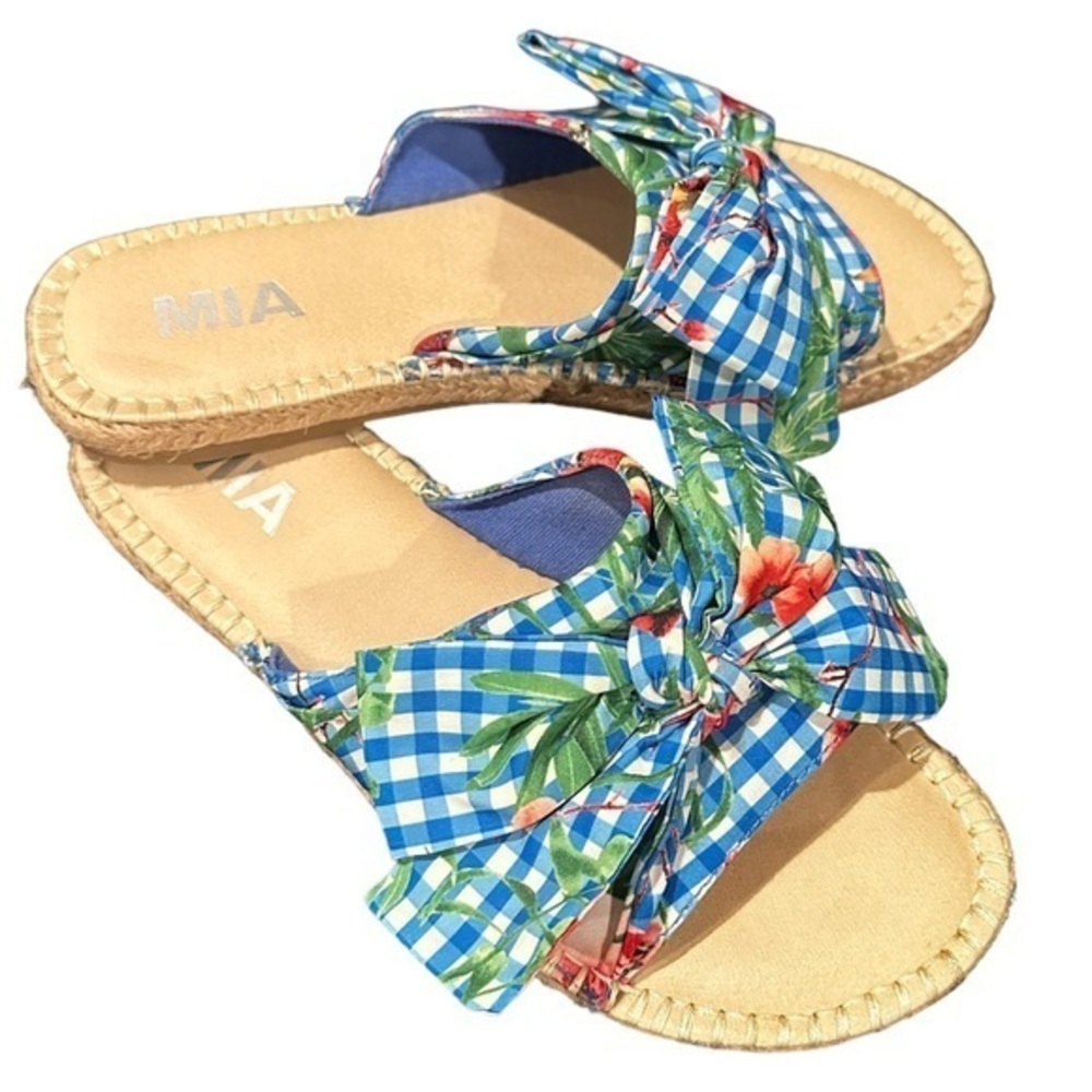 MIA BOW BLUE FLORAL GINGHAM Cottagecore ESPADRILLES SANDAL SLIDES 8
